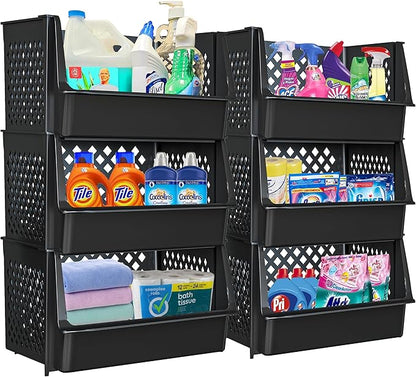 TidyFriend 6 Pk Large Stackable Storage Bins Open Front for Pantry Organizers and Storage, Pantry Storage for Food, Kitchen and Home Organization, Plastic Storage Bins, Dorm Room Essentials (Black)