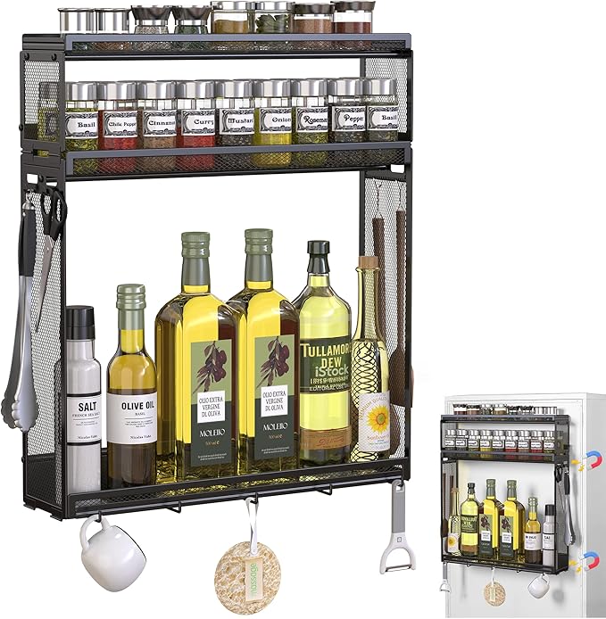 Docnest 3 Tier Magnetic Spice Rack for Refrigerator with 9 Hooks, Space-Saving Metal Spice Organizer, Condiment Storage Spice Shelf for Ferrous Metal Surfaces- Black