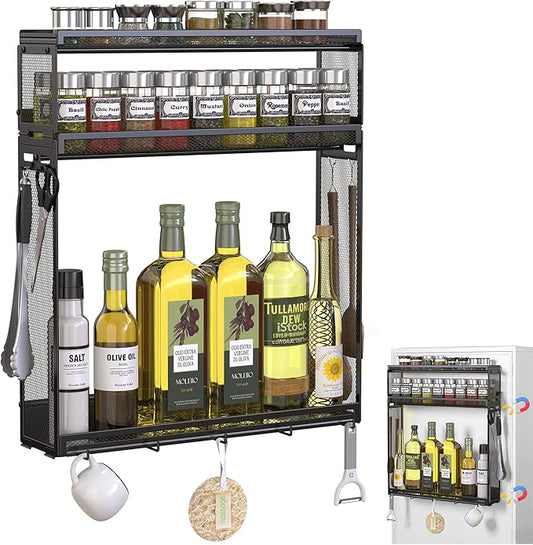 Docnest 3 Tier Magnetic Spice Rack for Refrigerator with 9 Hooks, Space-Saving Metal Spice Organizer, Condiment Storage Spice Shelf for Ferrous Metal Surfaces- Black