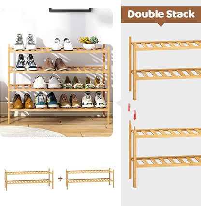 Bamboo Shoe Rack Stackable Shoe Shelf Storage Organizer for Unit Entryway Hallway and Closet Sturdy Freestanding Shoe Shelf (4L Tier Natural)