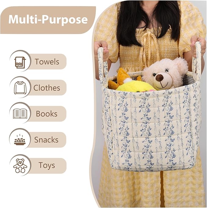 Storage Basket Boho Fabric Large Collapsible Floral Laundry Nursery Hamper Portable Folding Storage for Clothes Toys (Vine-Blue C)
