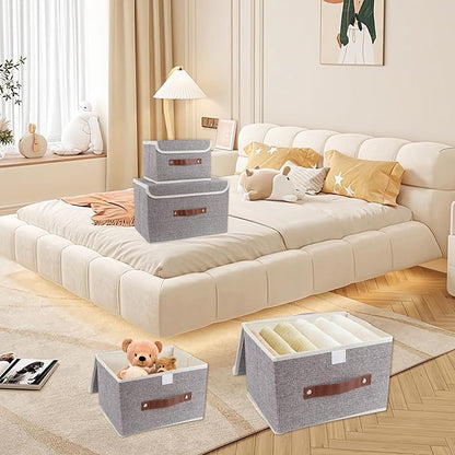 Small Storage Bin with Lid Storage Boxes,Collapsible Linen Storage Basket Container with Lid Storage Cube for Organizing Closets(Grey)