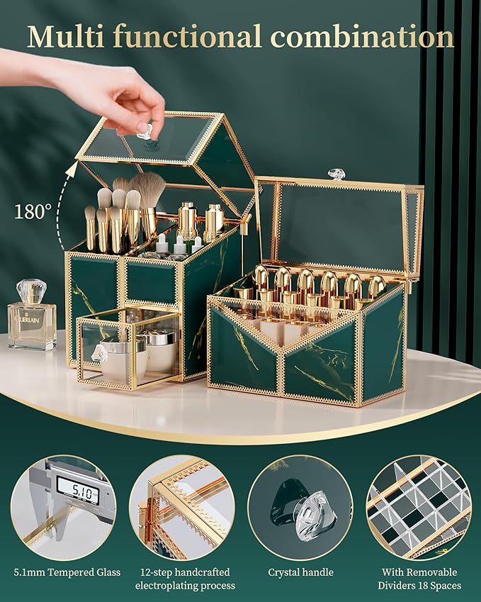 CoralHouse Makeup Organizer Countertop Set – Vanity Holder with 18-Slot Lipstick Organizer & Covered Makeup Brush Holder – Skincare, Perfume & Cosmetic Display for Bathroom or Dresser
