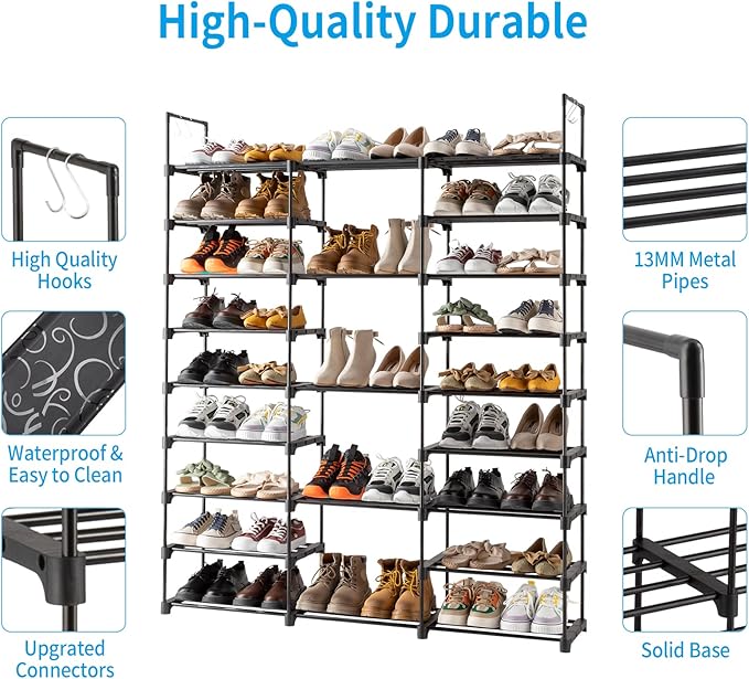 9 Tiers Shoe Rack, Metal Shoe Storage Organizer with Non-Woven Fabric, Large Shoe Rack Shoe Stand Holds 50-55 Pairs Boots Sturdy Tall Shoe Shelf for Entryway, Closet, Garage, Bedroom, Cloakroom，Black