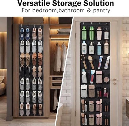 Over the Door Shoe Organizer, 28 Large Breathable Mesh Pockets, Space Saving Hanging Storage, Holds Up to 40 lbs, Hangs on Closets for Shoes, Accessories, Black
