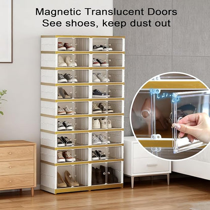 SYNCVIBE Shoe Rack Organizer for Closet Entryway Foldable Sneaker Storage Shoe, Collapsible Shoe Cabinet, Stackable Shoe Storage Cabinet with Lids for Living Room (9 Tiers -36 Pairs White Gold)