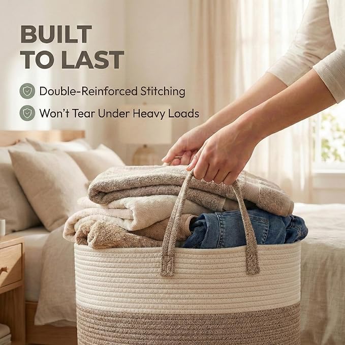 JMvicyroam 65L Extra Large Blanket Basket for Living Room - Woven Cotton Rope Laundry Hamper with Reinforced Handles - Storage Bin for Pillows, Comforters & Toys - Machine Washable,White&Brown