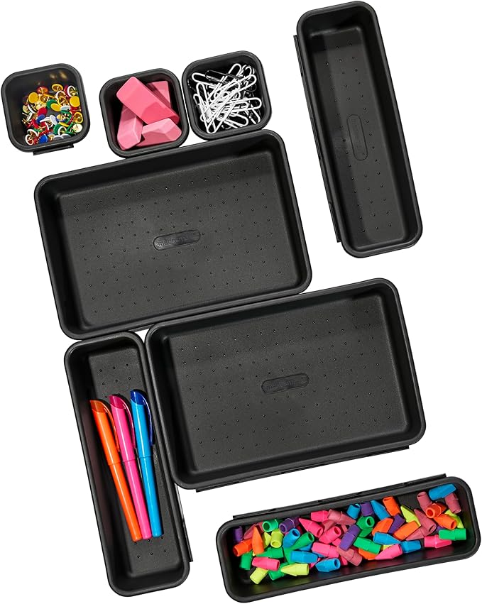 Madesmart 8-Piece Interlocking Bin Pack for Drawer Organization, Plastic Interlocking Junk Drawer Organizer Tray, Granite