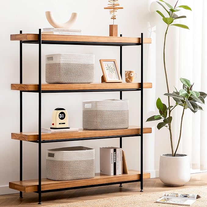 UBBCARE 4 Pack Storage Baskets for Organizing, Shelf Baskets with Handles, Woven Storage Baskets for Bookcase/Cube Shelf/Closet, 14.5"L x 9.8"W x 9"H, White&Light Brown