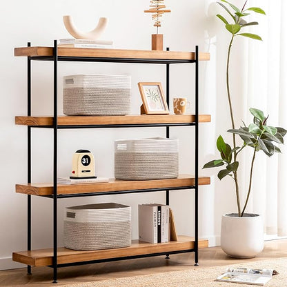 UBBCARE 4 Pack Storage Baskets for Organizing, Shelf Baskets with Handles, Woven Storage Baskets for Bookcase/Cube Shelf/Closet, 14.5"L x 9.8"W x 9"H, White&Light Brown