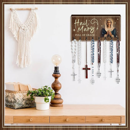 Colingmill Large Wooden Rosary Holder Wall Mounted with 8 Hangers Catholic Rosary Storage Organizer Decorative Hanger Holder for Necklace, Bracelet Prayer Storage(Classic)