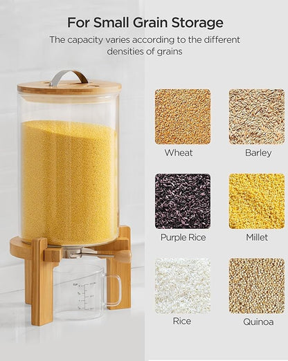 HBlife 18-22 Lbs Glass Rice Dispenser with Wooden Stand Flour and Cereal Container with Glass Measuring Cup Pantry Food Organization Storage Bin with Airtight Bamboo Lid, 11L