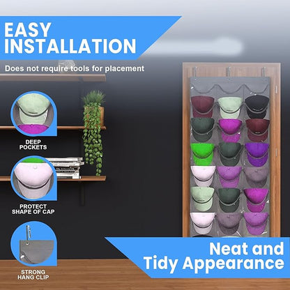 Hat Rack Premium Quality, Organizer for Wall or Door, 24 Clear Deep Pockets, Storage for Caps, Hooks Included, Large Pockets for Multiple Baseball, Golf, and Sports Caps Organization, grey