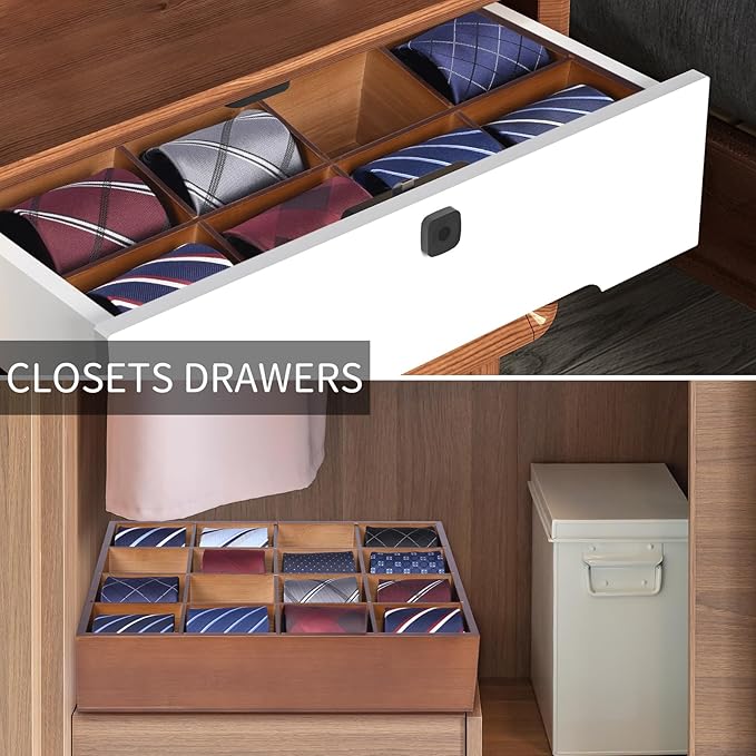 Tie Organizer Wall Mounted Tie Rack,Tie Box for Men,Tie Box Organizer with 16 Compartments，Tie Display Racks for Bedroom, Changing Room, Men Wardrobe(Brown,2 PCS)