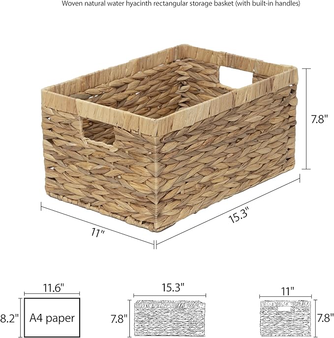 Woven Natural Water hyacinth Rectangular Storage Baskets with inside Handle,Kingwillow(Large)