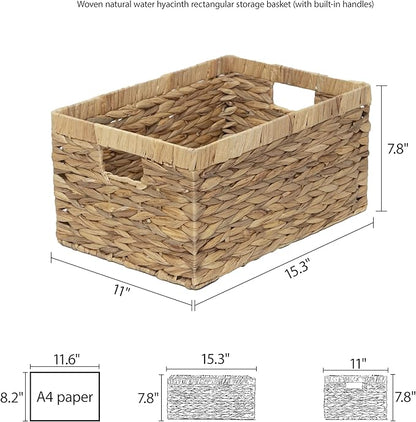 Woven Natural Water hyacinth Rectangular Storage Baskets with inside Handle,Kingwillow(Large)