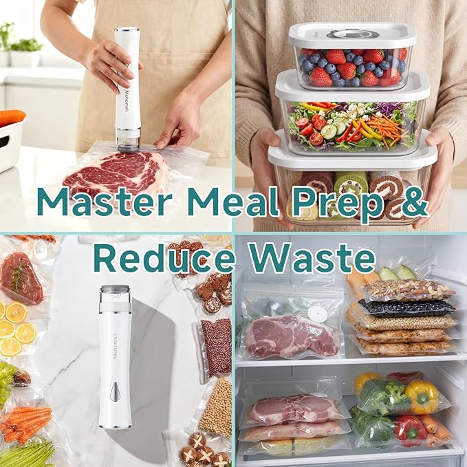 Mehomeli Compact Vacuum Sealer for Food (Vacuum Sealer Machine+3 Glass Vacuum Containers+30 Reusable Vacuum Bags),Powerful Handheld Vacuum Seal Machine,Seal Meal Saver,Portable Food Sealer,Easy-Clean