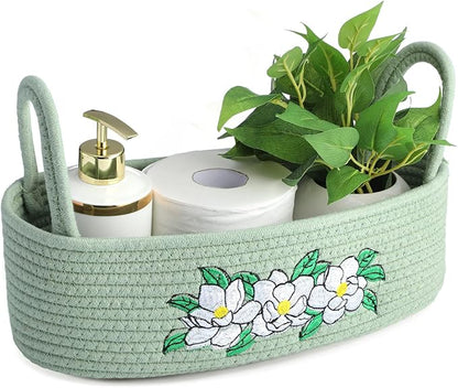 Vesici Magnolia Woven Storage Basket for Toilet Tank Top Boho Cotton Rope Bathroom Countertop Organizer Basket with Handle Green Bathroom Decor for Bedroom Nursery Toys Organizing, 13 x 6 x 4 Inch