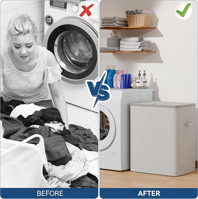 Dual Section 90 liter/23.8 gallon Laundry Hamper Separation Basket with lid, 2 Removable Washing Bags with Handles,Large Laundry Sorter for Easy Clothes Separation - Gray