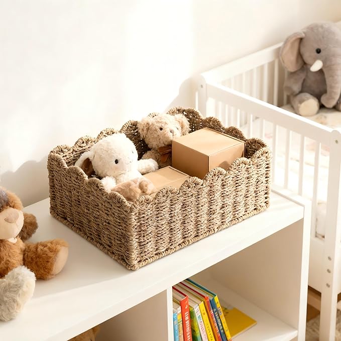 Scalloped Basket, Wicker Storage Baskets, Hand Woven Baskets for Shelves,Natural Baskets for Organizing (Seagrass&M-14" L x 10.5" W x 6" H)