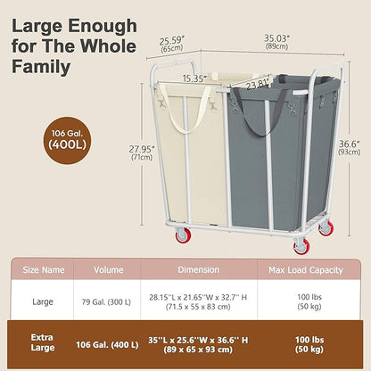 Hoctieon 2 Section Laundry Sorter Cart, 400L Rolling Hamper with Wheels, Industrial Laundry Basket Organizer, Extra Large Dirty Clothes Hamper for Home & Hotel, Heavy Duty, Gray+Beige