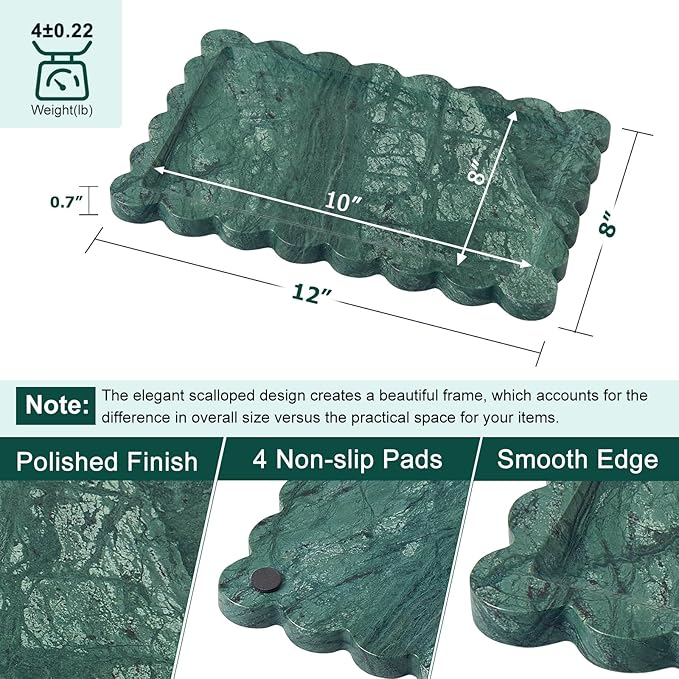 Real Natural Scalloped Marble Tray for Bathroom, Vanity, Kitchen and Desktop, Decorative Stone Tray for Jewelry, Cosmetics, Candles, Lotion, Perfume and Home Décor (Dark Green, 12" x 8")