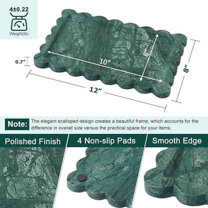 Real Natural Scalloped Marble Tray for Bathroom, Vanity, Kitchen and Desktop, Decorative Stone Tray for Jewelry, Cosmetics, Candles, Lotion, Perfume and Home Décor (Dark Green, 12" x 8")