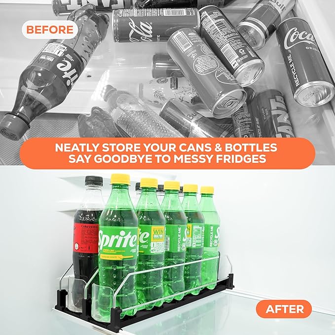 Upgraded Premium Drink Organizer for Fridge. Ultra Space Saving Soda Can Organizer for Refrigerator with Larger Stopper Height and Automatic Pusher with Locking Feature. Holds 10 Cans (2 Rows, Black)