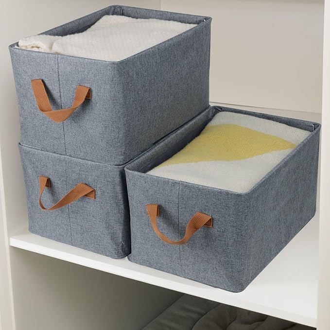 Fordonral 4 Pcs Fabric Storage Bins, Organization Baskets for Shelves, 15" Linen Closet Organizer with Handles, Metal Frame, Natural Color, Shelves Basket for Organizing, Gray