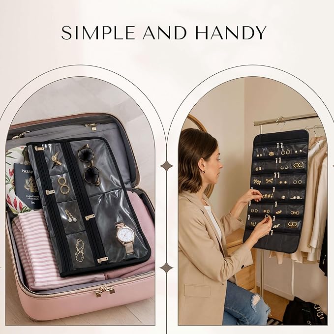 Hanging Jewelry Organizer XLarge - 43 Pockets + 7 Loops Dual-Sided with Zipper for Necklace, Earring, Rings - Travel Jewelry Organizers and Storage Holder with 360 Degree Hanger for Closet, Wall, Door