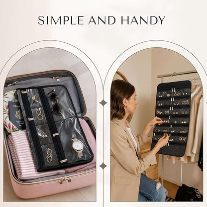 Hanging Jewelry Organizer XLarge - 43 Pockets + 7 Loops Dual-Sided with Zipper for Necklace, Earring, Rings - Travel Jewelry Organizers and Storage Holder with 360 Degree Hanger for Closet, Wall, Door