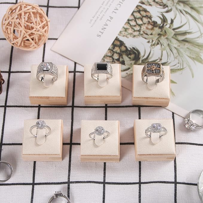 Coward Bamboo 6 Pcs Rings Display Stand for Selling Velvet Jewelry Ring Holder Organizer for Drawer Storage (Beige Velvet)