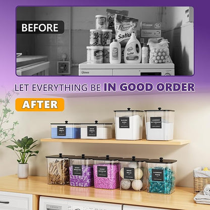 4 Pack Laundry Pods Container, Clear Laundry Room Organization Containers Essentials, Large Detergent Powder Storage Containers Black Wooden Lids & Labels Signs, Home Acrylic Laundry Pods Holder