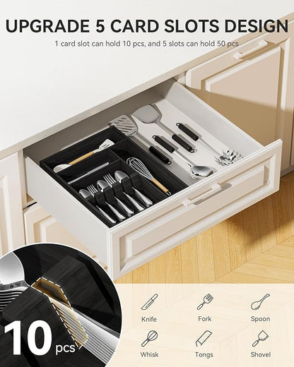 Yofidra ofidra Bamboo Silverware Organizer, 16.3″x12.24″x2.6″ Kitchen Utensil Drawer Organizer, Silverware Tray for Drawer with Fixed Slots for Spoons, Forks & Knives, Black