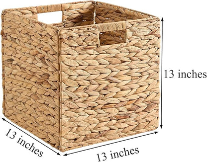 Handwoven Water Hyacinth Storage Baskets set of 4 Foldable Cube Bins Storage Oragnizer for Cabinet Shelf Bedroom Living Room (Natural, 13" L x 13" W x 13" H)