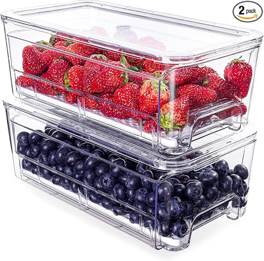 Imncya Fridge Organizer Bins, Clear Stackable Pull Out Fridge Drawer Organizer, Refrigerator Organizers and Storage Container for Fruits, Vegetables, Drinks, Food ( 2 Pack Clear)