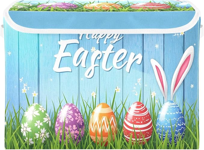 senya Easter Baskets Collapsible Storage Bins with Lids, Happy Easter Bunny Eggs Storage Boxes Clothes Baskets for Organizing