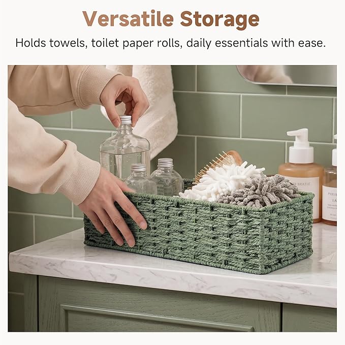 StorageWorks Sage Green Paper Rope Bathroom Basket Organizer and Storage for Tank Topper, Wicker Toilet Paper Basket for Back of Toilet Baskets, Small Narrow Tank Trays for Bathroom Decor, 2 Pack