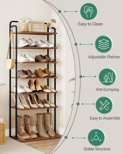 Hzuaneri 8 Tiers Widened Vertical Shoe Rack, Narrow Shoe Tower, Tall Shoes Shelf with 2 Hooks, Adjustable Shelves, Corner Shoes Shelves for Small Spaces, Entryway, Living Room, Rustic Brown SR12501B