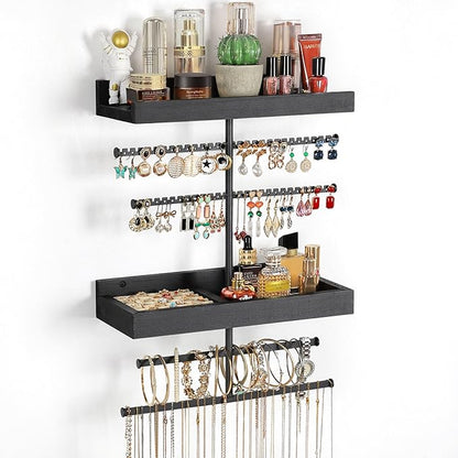 Keebofly Wall Mounted Jewelry Organizer with 2 Tired Shelves & Ring Holder- Jewelry Holder Wall Storage Display for Earrings, Necklace, Bracelet in Bathroom Bedroom, Black