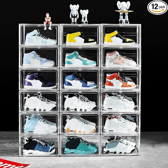 12 Pack Shoe Boxes, Clear Acrylic Stackable Plastic Sneaker Box Container, Magnetic Drop & Side Open Shoe Organizer Case Container With Lids Fits Up to Size 14 (Crystal Clear)