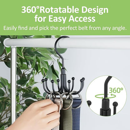Belt Hanger, Rotatable Belt Organizer Rack for Closet Sturdy Max 24 Belts Storage with 8 Hooks, Hanging Space Saving Closet Organizers for Belts Holder, Black