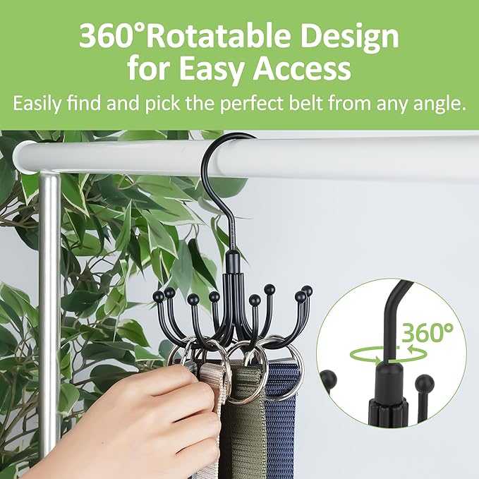 Belt Hanger, 2 Pack Rotatable Belt Organizer Rack for Closet Sturdy Max 48 Belts Storage with 16 Hooks, Hanging Space Saving Closet Organizers for Belts Holder, Black