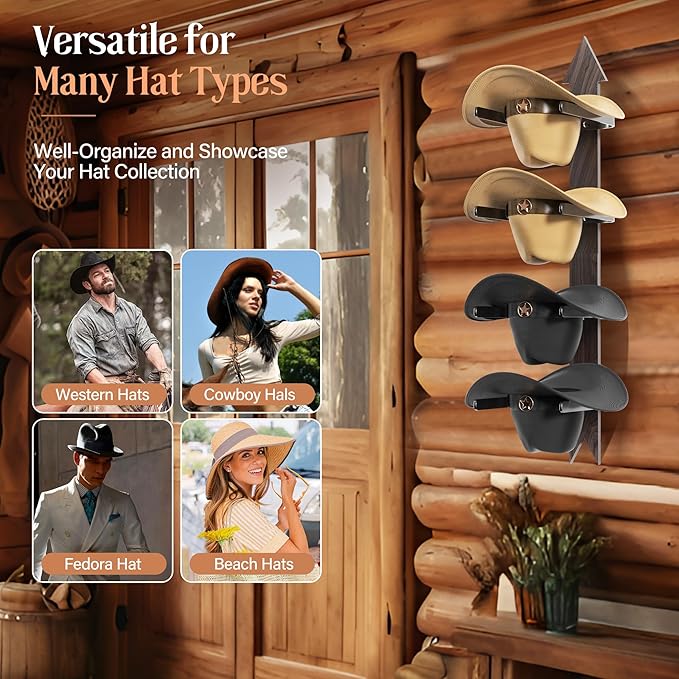 Cowboy Hat Rack for Wall, Cowboy Hat Holder Wall Mount Holds up to 4 Hats, Wooden Western Rustic Metal Hat Hanger with Arrow Sign Board, Hat Organizer for Western Hat, Fedora, Sun Hats (2 pack)