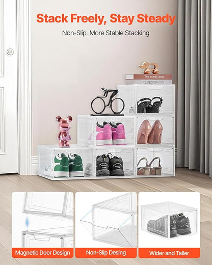 VEVOR Shoe Storage Boxes, 6 Pack Clear Stackable Shoe Boxes Storage Organizers with Magnetic Door, Fit up to US Size 13, Plastic Sneaker Containers for High Heels, Boots, and Hats, Transparent White
