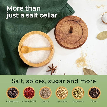 keechee Bamboo Salt Cellar with Acacia Lid & Spoon, 7.7oz Capacity with Built-In Spoon Slot & Labels, Two-Tone Countertop Seasoning Container (Single Compartment - 2 Pack)