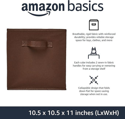 Amazon Basics Collapsible Fabric Storage Bins with Handles, Cube Organizer, Lightweight Fabric, 10.5"x10.5"x11", Brown, 6-Pack