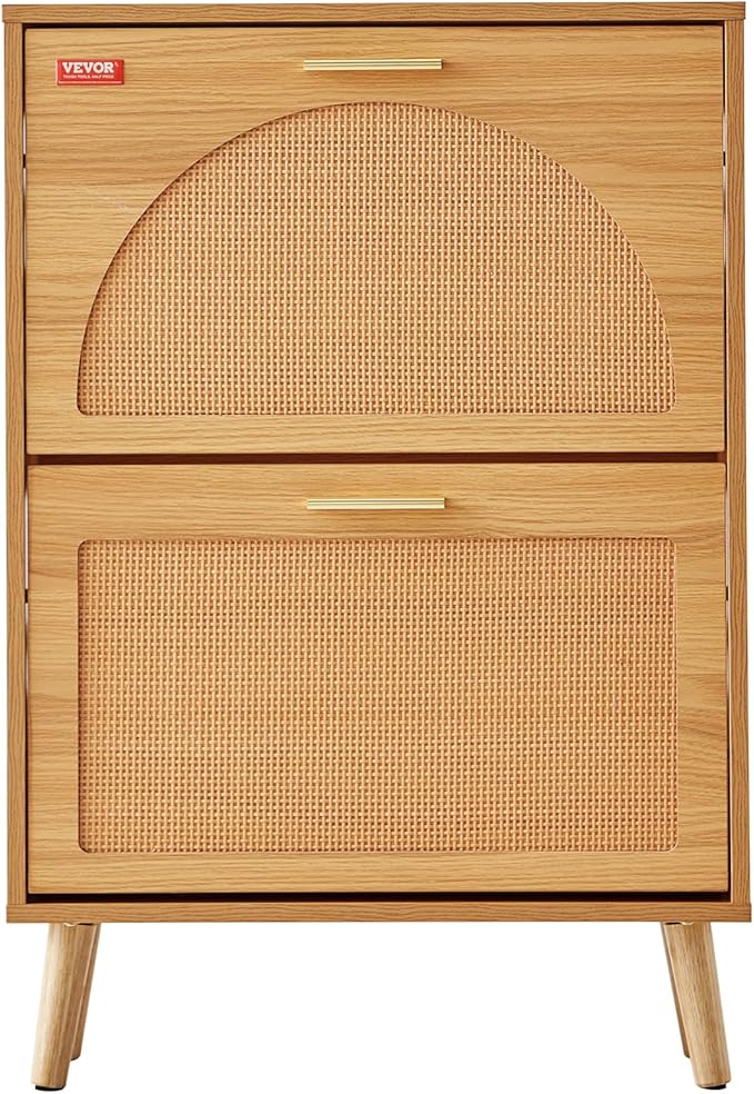 VEVOR Shoe Cabinet with 2 Flip Drawers, Shoe Storage Cabinet for Entryway, Free Standing Shoe Storage Organizer with Rattan Doors for Heels, Boots, Slippers in Hallway, Living Room