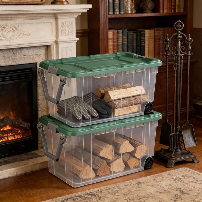 160 Quart Durable Clear Storage Container with Latch Lid and Pull Handle, Light Green, 2 Pack