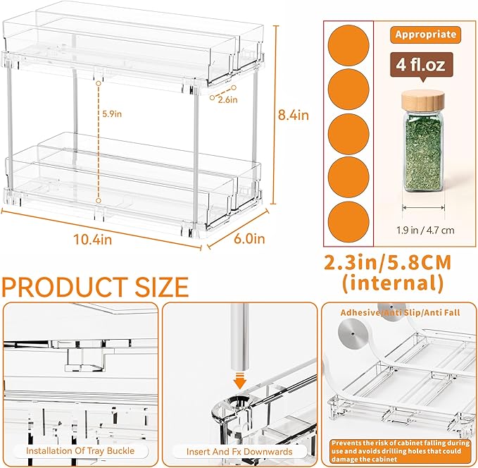 Yieach 2 Tier Sliding Spice Racks for Cabinets,2 Pack 10.4'' Deep Narrow Vertical Spice Rack Pull Out for Inside Cabinets,Kitchen,Pantry,Cupboard Seasoning,Jar Organizer and Medicine Cabinet Storage